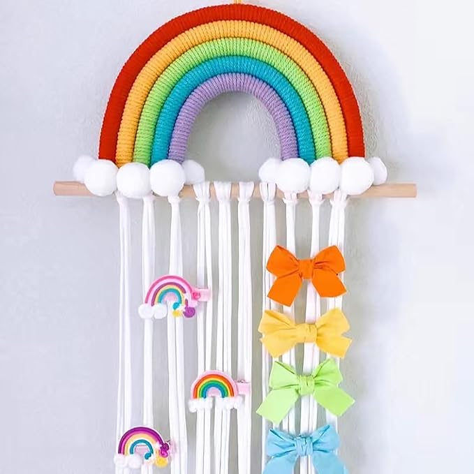 Rainbow Macrame Bow Holder Hanging Hair Bow Organizer for Girls, Hair Clip Holder Hair Clips Headband Storage Hanger Boho Wall Decor