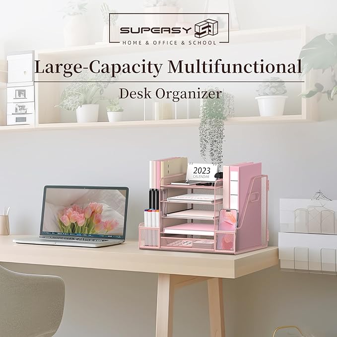 SUPEASY Mesh Desk Organizer with File Holder, 5-Tier Paper Letter Tray Organizer with Magazine Holder, Desktop Organizer and Storage with Drawer for Office Supplies Home or School (Pink)