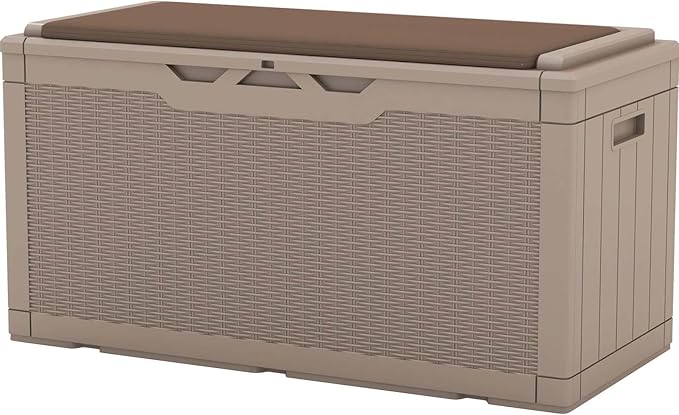 Patiowell 100 Gallon Resin Deck Box with cushion, Waterproof Large Outdoor Storage Box for Patio Furniture and Garden Tools, Light Brown