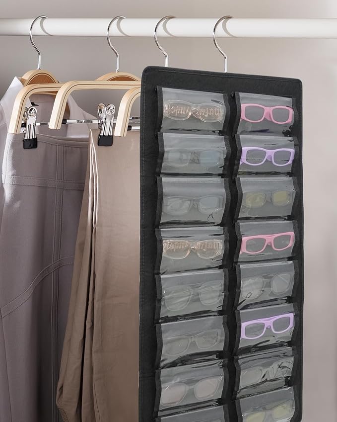 Hanging Jewelry Organizer，Dust Proof Eyeglasses Holder with 32 Clear Slots, Sunglasses Organizer Storage Wall Mounted, Sunglasses Display With 360-Degree Rotating Hook (Black)