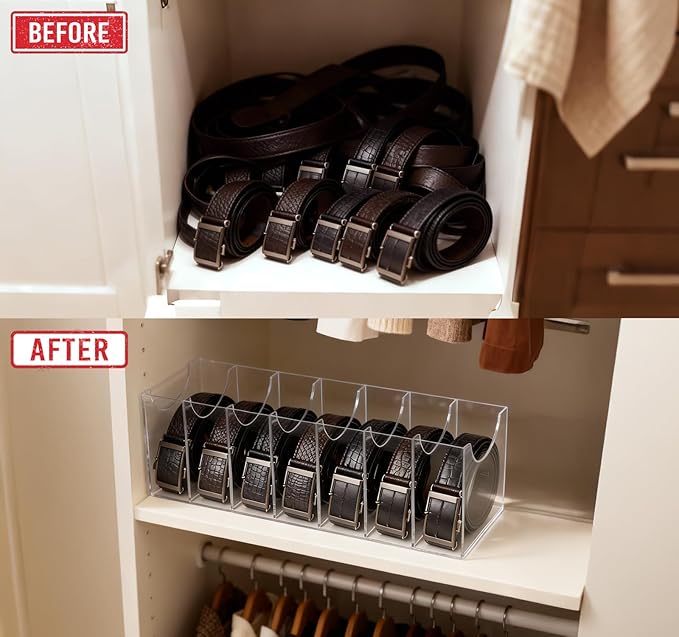 Belt Organizer Rack 7-Grid Acrylic Transparent Belt Box for Men's and Women's Home use Transparent Wardrobe tie and Bow Display Cabinet with Storage Container for Drawers and wardrobes