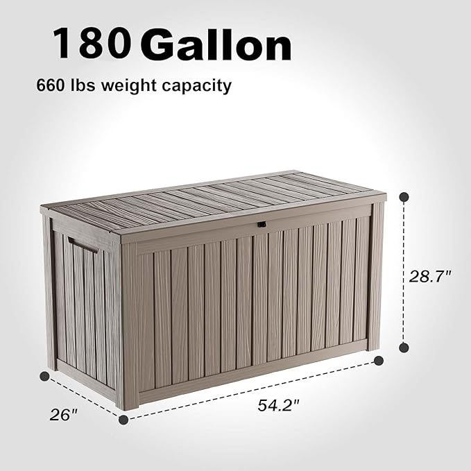 180 Gallon Resin Deck Box, Lockable Patio Outdoor Storage Box for Furniture, Garden Tools and Tools Storage, Waterproof Outside Storage Boxes - Grey
