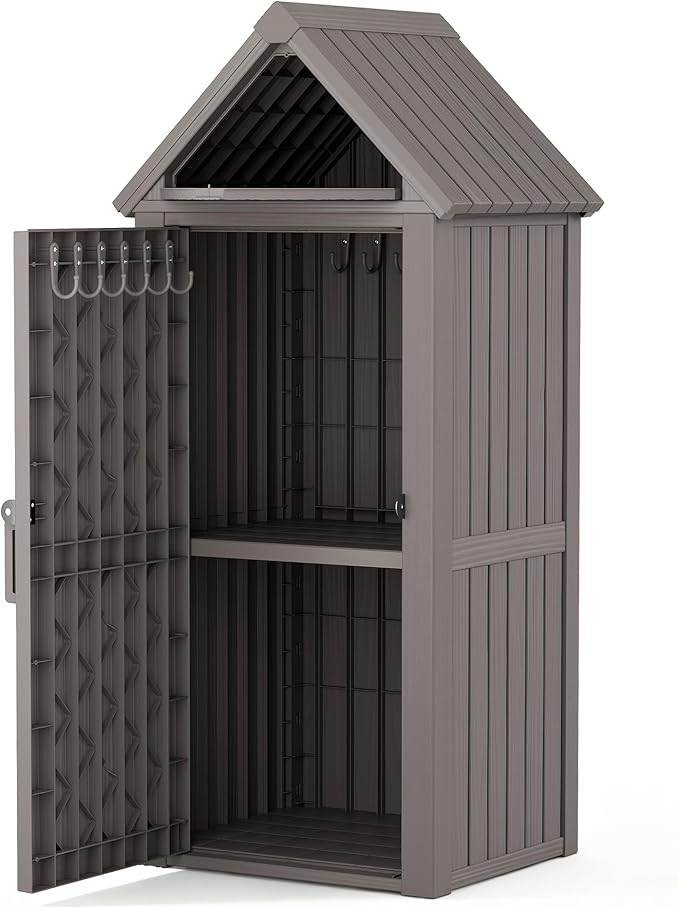 Outdoor Storage Shed - Waterproof Resin Outdoor Storage Cabinet with Removable Shelves & 12 Hooks, Lockable Storage for Garden Tools, Grilling Supplies, Classic Gray