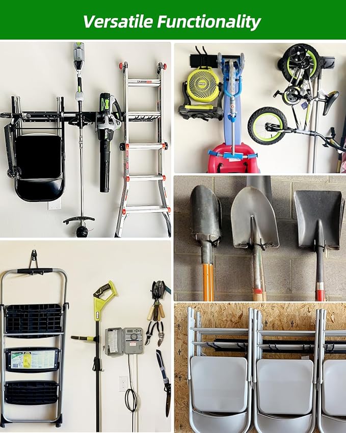 Garden Tool Organizer 48 in with 18 Garage Hooks, Heavy Duty Garage Wall Hooks for Hanging Ladder, Bike, Tool Storage Rack for Yard Tools, Shovel, Shed (23 Pack)