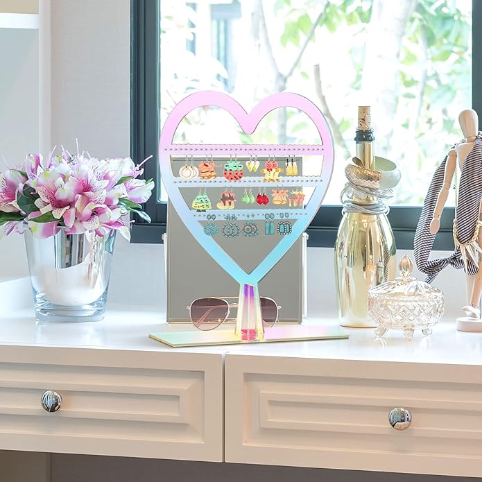 Qunclay Earring Holder Heart Shaped Jewelry Display with Holes 2 Tiers Earring Stand Aesthetic Cute Acrylic Rack for Women Dresser Nightstand Countertop Jewelry Organizer(Rainbow,1 Pcs)