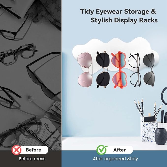 Daily Treasures Multi-functional Mirror Sunglasses Storage,Creative Wave Shaped Eye Glasses Rack Organizer,Clear Acrylic Glasses Organizer for Home Office Bathroom Bedroom Wall-Mounted