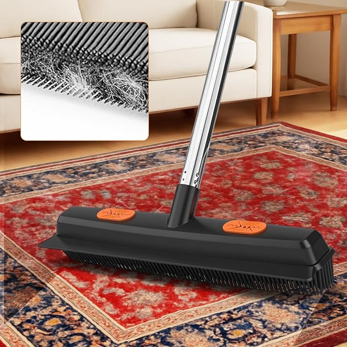 FUNNSOO Rubber Broom with Squeegee for Pet Hair Removal, 52" Adjustable Carpet Rake, Reusable Floor & Carpet Cleaning Tool, Includes Microfiber Cloth and Pet Hair Comb