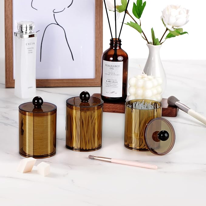 SheeChung 6 Pack Acrylic Qtip Holder,Apothecary Jars Set with Lids,10oz -12oz Clear Plastic Canister,Bathroom Vanity Organizer for Cotton Swabs,Balls,Pads,Modern Farmhouse Home Decor (Amber)