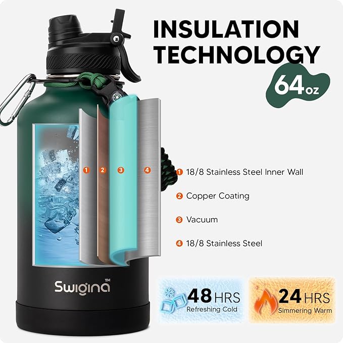 Insulated Water Bottle with Silicone Boot (36hrs Cold/18hrs Hot) - DIY Stickers, [2-in-1 Lid], BPA Free, 64 oz