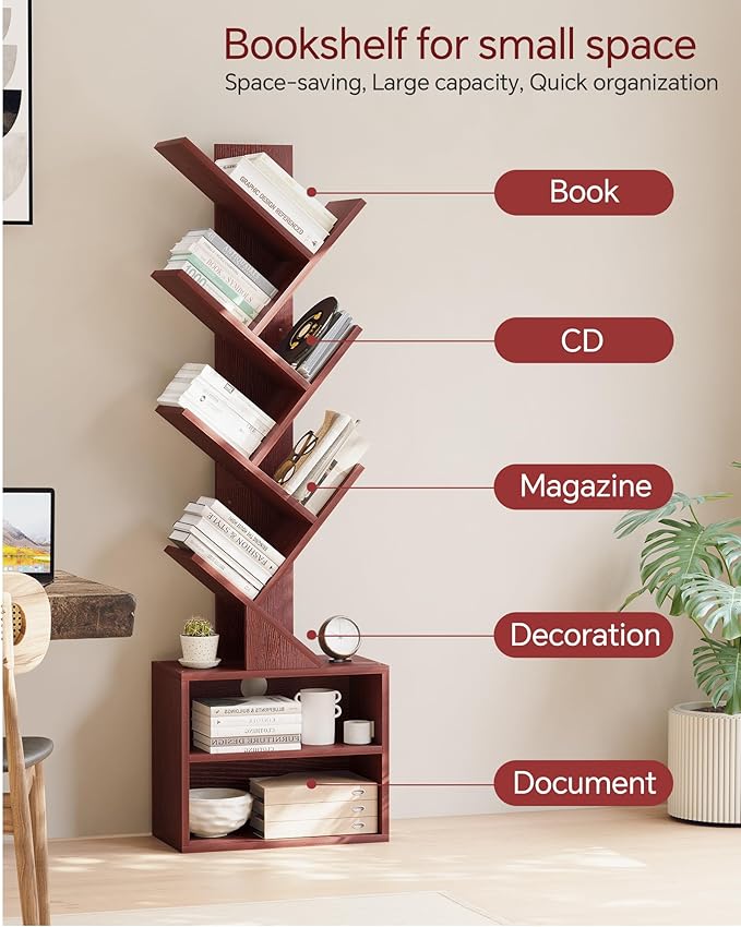 SUNMORY 6 Tier Tree Bookshelf, Tall Bookcase with Storage Cabinet, Modern Narrow Bookshelves Organizer, Floor Standing Book Shelf for Bedroom/Living Room/Home Office/Corner, Cherry