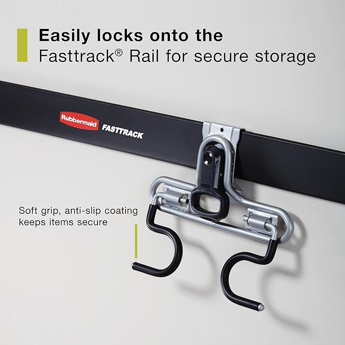 Rubbermaid FastTrack 2-Handle Hook (S Hook) Mounted Garage Storage and Space Saving Organization System Metallic Powder-Coated Steeel for Rakes/Brooms/Toys/Ladders