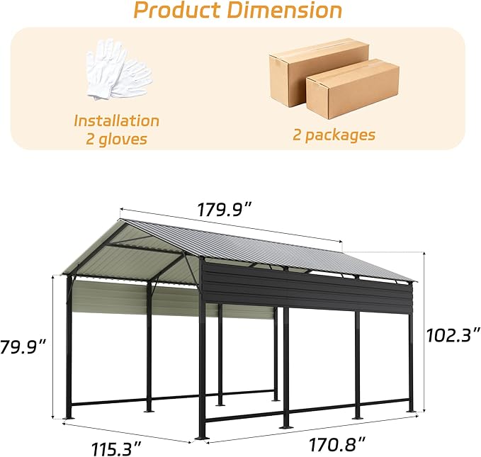 Patiowell 10x15 FT Metal Carport, Heavy Duty Carport with Reinforced Frame and Galvanized Steel Roof, Outdoor Car Port Shelter for Car, Truck, Boat and Tractor, Black