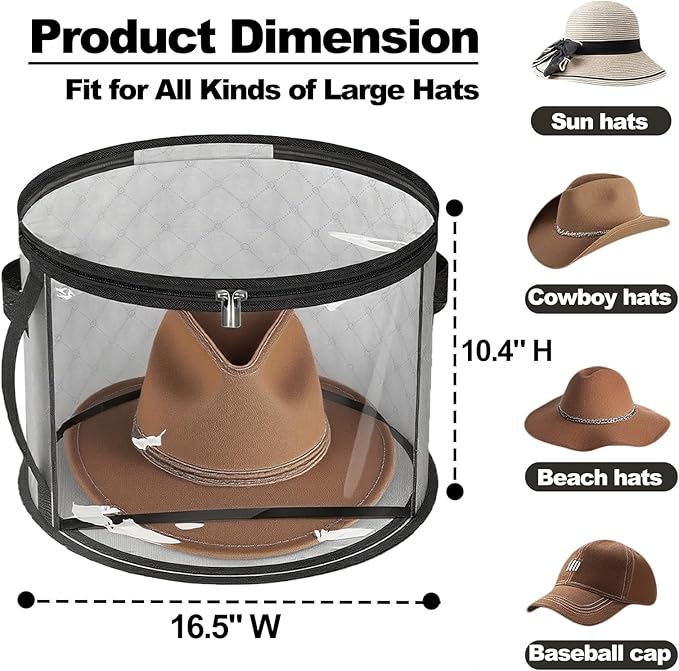Oversized Clear Hat Organizer Bag for Travel and Storage, Ultra-large Capacity Caps Cowboy Hat Organizer for Closet With Handles, Hat Box Storage for Women & Men (Grey)