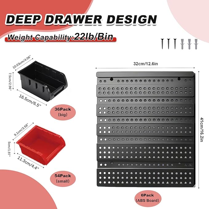 ‌90PCS Wall Mount Storage Bins Organizer - Adjustable Plastic Compartments for Screws/Nuts/Bolts／hardware, Perfect for Garage & Workshop Tool Organization