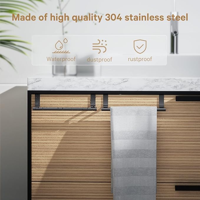 Stainless Steel Over Door Towel Rack Bar Holders for Universal Fit on Over Cabinet Cupboard Doors 2 Pack (Black)