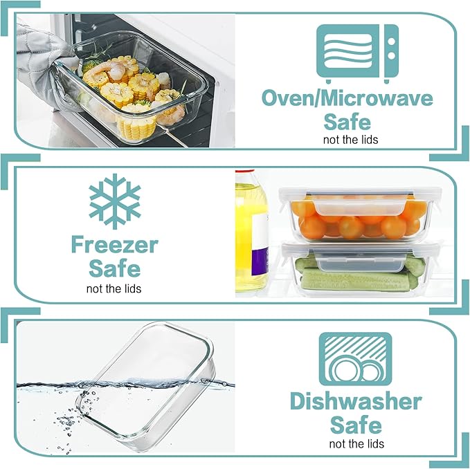 HOMBERKING 10 Pack 22oz Glass Meal Prep Containers, Food Storage Containers with Lids, Airtight Lunch Bento Boxes, BPA-Free & Leak Proof (10 lids & 10 Containers) - Grey
