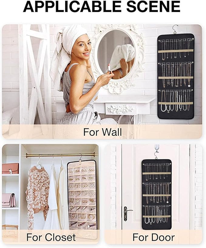 Hanging Jewelry Organizer Storage Roll with Hanger Metal Hooks Double-Sided Jewelry Holder for Earrings, Necklaces, Rings on Closet, Wall, Door, 1 piece, Extra Large, Black