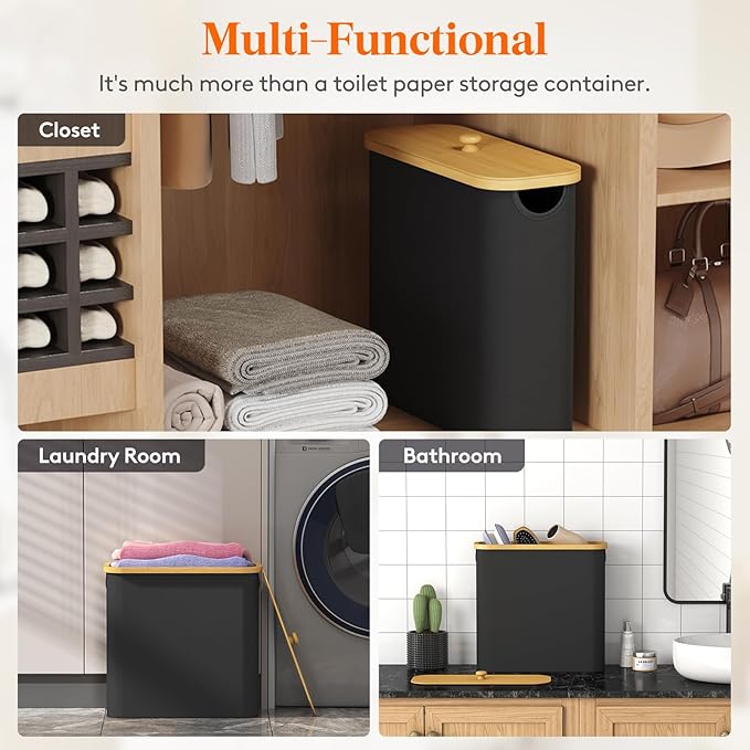 Lifewit Toilet Paper Storage Holder for 9 to 12 Rolls, Free Standing Toilet Paper Basket Stand with Bamboo Lid, Collapsible Fabric Bathroom Organizer Box for Mega Rolls, 23L, Large, White, Black