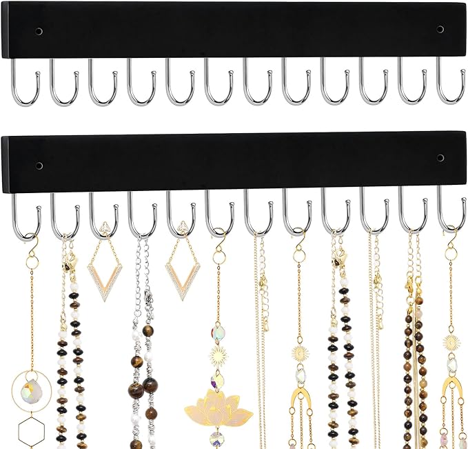 Hanging Jewelry Organizer, 2 Pack Black Necklace Holder for Wall Wooden Necklace Organizers Hangers Wall Mount with 24 Hooks Jewelry Display Hanger for Necklaces, Bracelets, Earrings, Keys