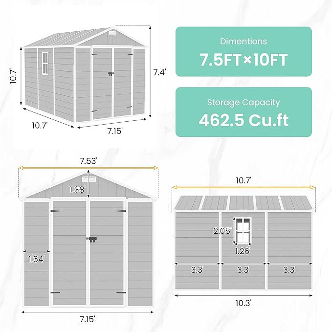 UDPATIO Outdoor Storage Shed 7.5x10.7 FT, Grey & White Resin & Steel Shed with Lockable Door for Backyard, Patio, Lawn