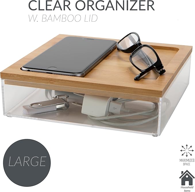 Simplify Large Square Bamboo Organizer | See-Through | Jewelry | Makeup | Cosmetics | Accessories | Bathroom & Bedroom | Vanity & Countertop | Lidded Boxes | Super Clear
