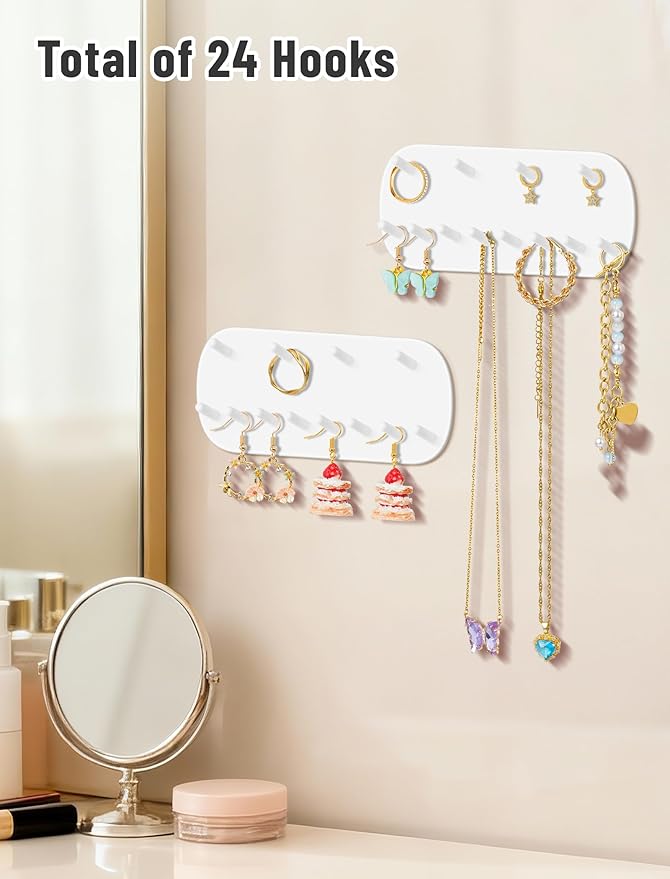 NiHome Wall Mounted Jewelry Organizer Set of 2 – 12 Hook Rounded Rectangle Design, No-Drill Installation – Premium PP Plastic, Moisture-Proof, Space-Saving Storage – 14CM x 6CM x 1.6CM White