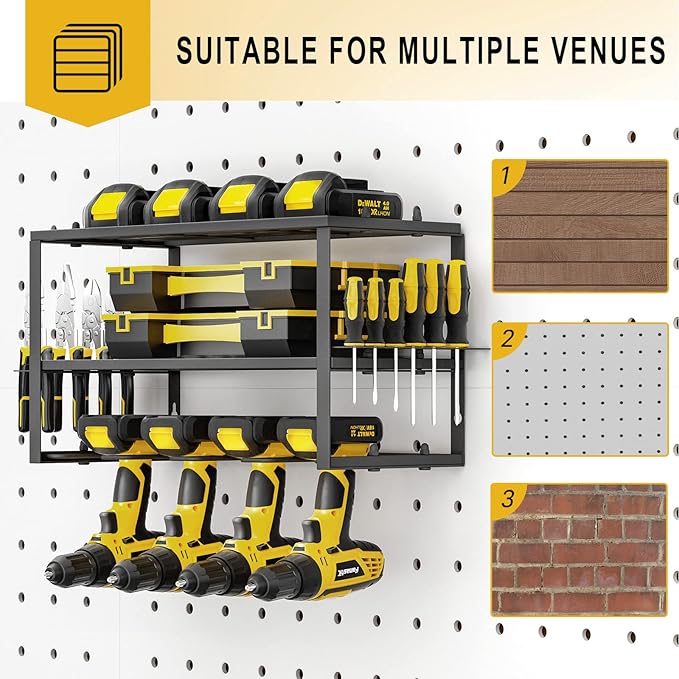 Spacecare Power Tool Organizer- Power Drill Tool Holder- Heavy Duty Tool Shelf & 2 Pack 3 Layers Tool Rack Cordless Drill Holder- Floating Tool Shelf Wall Mounted Tool Storage Rack for 8 Drill Holders