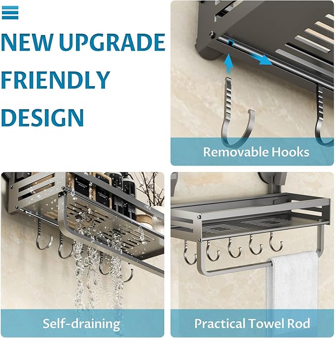 Onemake Shower Caddy Suction Cup, 2 Pack 11.8 inch Aluminum Suction Showers Organizer with Towel Bar & Hooks, Rustproof Shower Shelves, NO-Drilling Bathroom Shelf Storage Rack, Gray