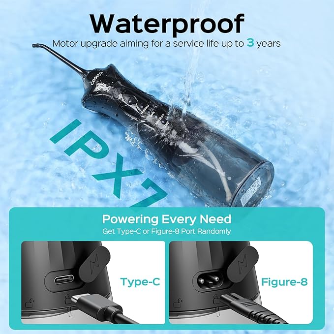 COSLUS Water Dental Flosser Pick for Teeth C30(FC5360): 4 Modes Cordless Portable 300ML Larger Tank Water Teeth Cleaner IPX7 Waterproof Flossing Cleaning Picks for Home Travel Black