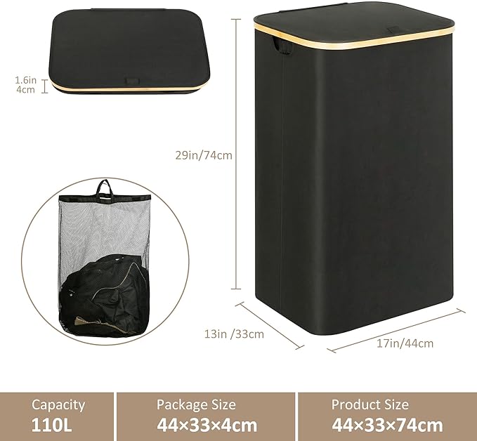 Laundry Hamper with Lid, 110L Large Laundry Hamper with Handle and Lid, Collapsible Clothes Basket Organizer with Removable Inner Bag for Clothes Toys Towels - Black