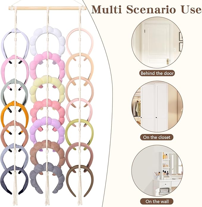Headband Holder Organizer for Girl,Macrame Hairband Storage for Women,Boho Hair Hoop Display Hanging Hair Accessories Organizer Bedroom College Dorm Decor Wall Door