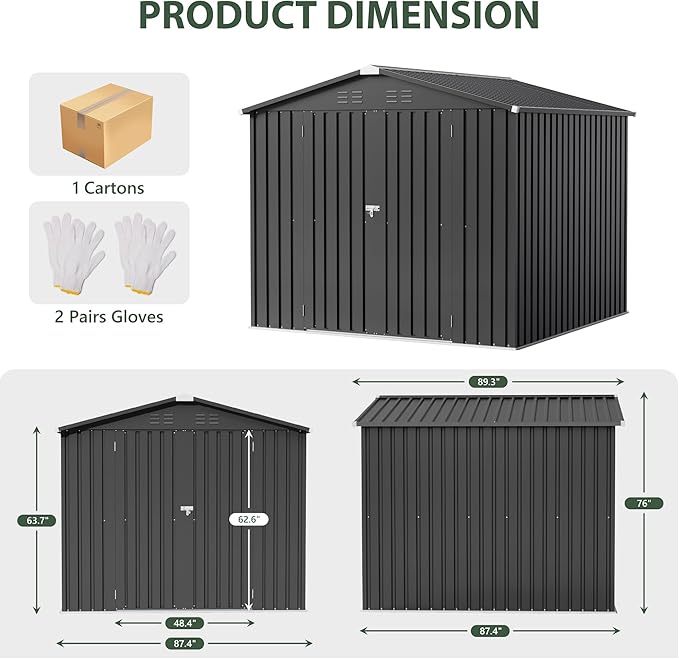 JUMMICO 8x8 FT Outdoor Storage Shed, Heavy Duty Tool Metal Sheds with Lockable Doors and Updated Frame Structure for Backyard Patio Lawn, Black