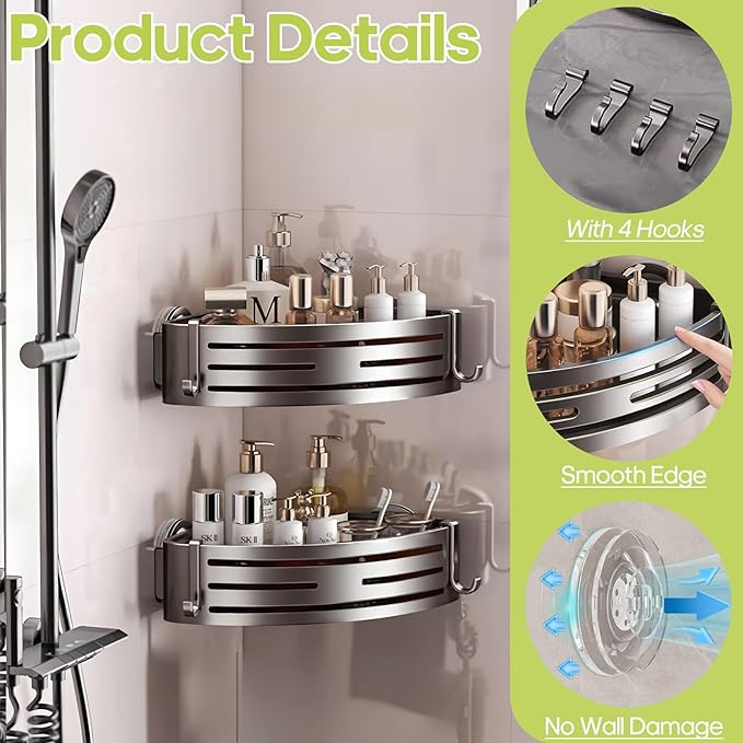 Corner Shower Caddy Suction Cup,Shower Shelves with Hooks,No Drilling Powerful Suction Bathroom Organizers and Storage,Removable Waterproof Rustproof Shower Bathroom Accessories Decor(Grey 3Pack)
