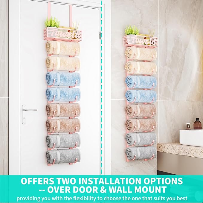 HapiRm Towel Racks for Bathroom Storage - 9 Tier Over The Door & Wall Mount Rolled Towel Storage Organizer Holder with Metal Shelf Basket for Small Bathroom, Camper, Rv - Pink, Patented