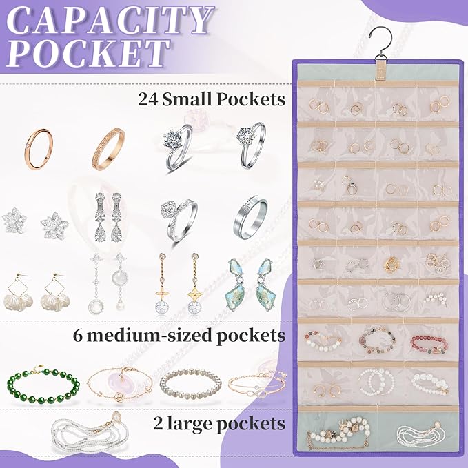 GMAK Hanging Jewelry Organizer with Hanger Metal Hooks, Double-Sided Jewelry Holder Accessories Organizer Storage Roll for Jewelry, Earrings, Bracelets, Necklaces, Rings - Light Purple