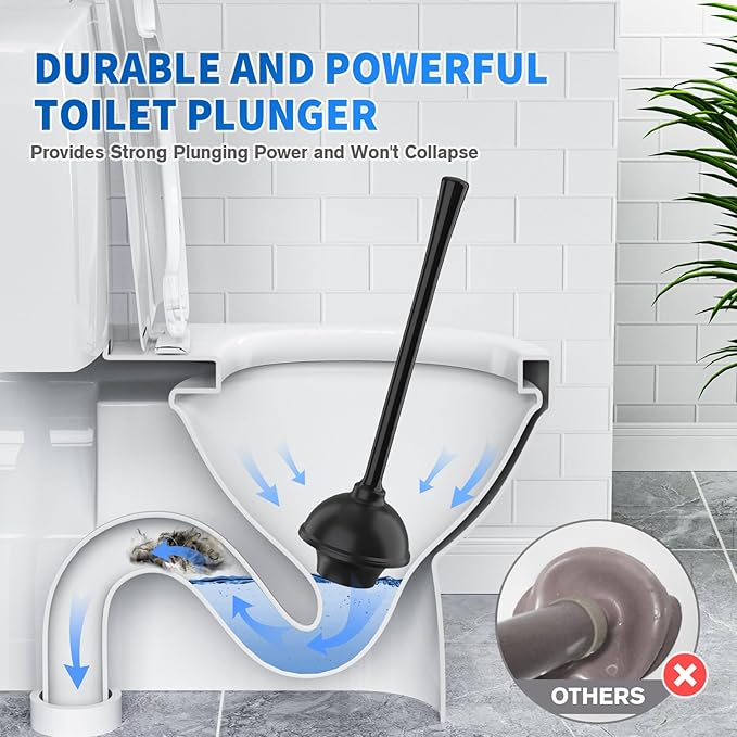 Toilet Plunger and Brush, Bowl Brush and Heavy Duty Toilet Plunger Set with Ventilated Holder, 2-in-1 Toilet Brush and Plunger Combo for 5.3-inch Toilet Drain Bathroom Cleaning (Black)