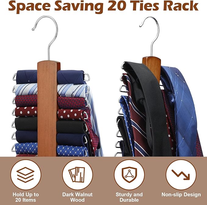 4 Pieces Tie Hanger for Men Wooden Necktie and Belt Hanger Wooden Tie Rack Holder Walnut Center Organizer and Storage Rack Finish 20 Hooks Space Saving Organizer for Closet(Archaize Color)