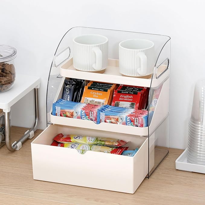 FABROK 3-Layer Desk Organizer with Drawer, Clear Office Supplies and Desk Accessories Organizer with Handle, Desktop Storage for Stationery（Cream）