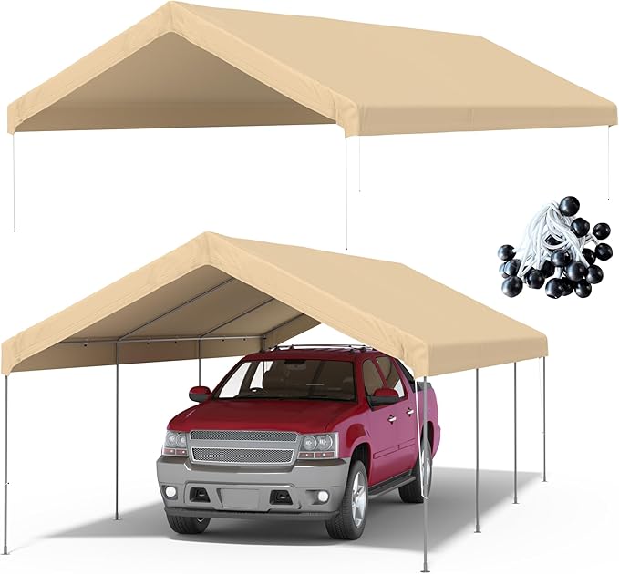 10x20 FT Carport Replacement Canopy Top Upgraded Car Port Canopy Cover for Carport Party Tent Waterproof & UV Protected, Easy Installation with Ball Bungees, Beige (Top Cover Only, Frame Not Included)