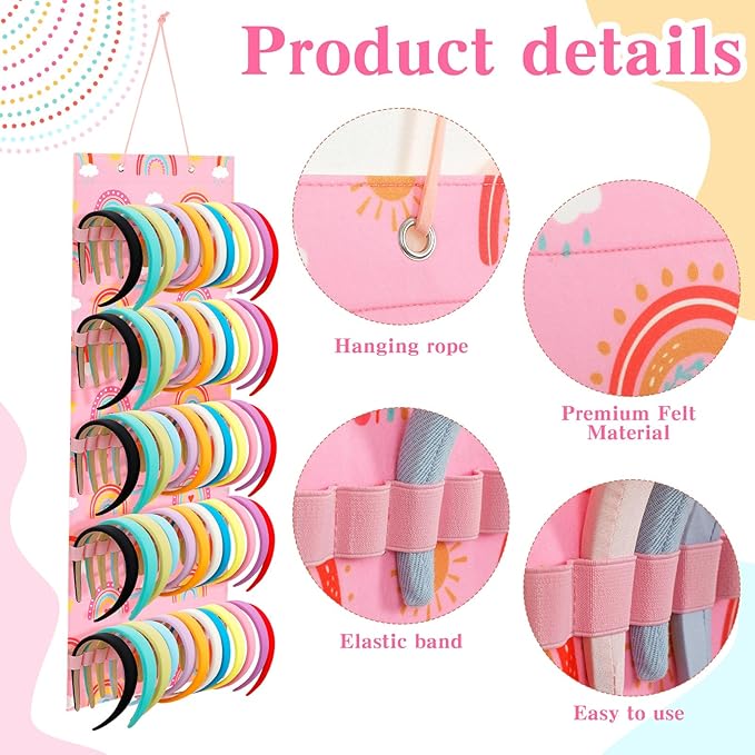 Tudomro Hanging Headband Holder for Girls Felt Hair Accessories Organizer with 60 Elastic Bands Bow Hanger for Girls Hair Bows Without Headbands(Rainbow,Pink)