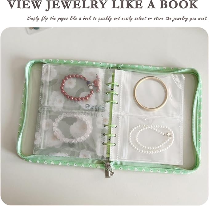 Jewelry Organizer Travel,Jewelry Storage Book with 45 Portable thick PVC pouches,Jewelry Organizer Zipper Bags for Necklaces Bracelet Rings and Earrings (front cover removable),Green