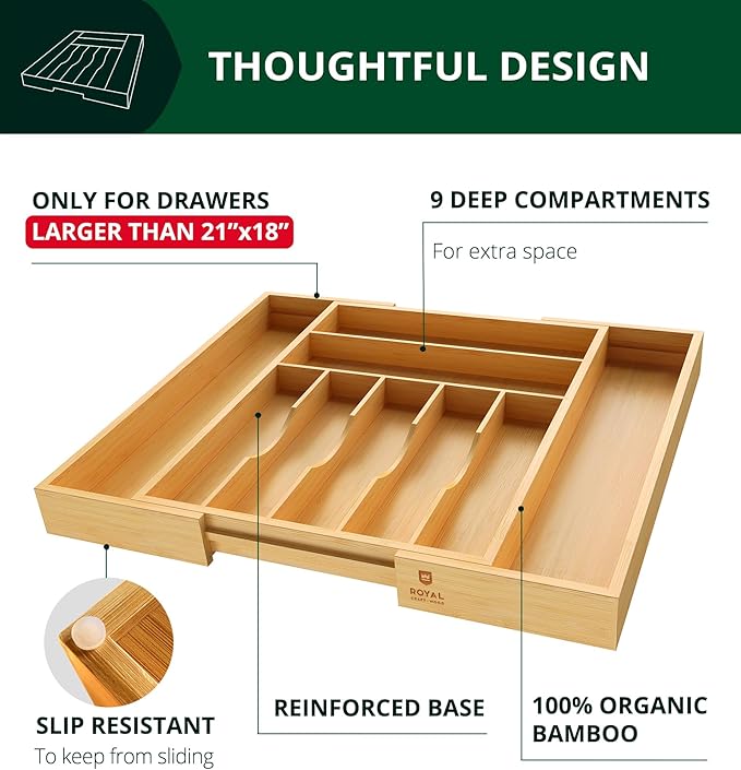 ROYAL CRAFT WOOD Luxury Bamboo Kitchen Drawer Organizer - Silverware Organizer, Utensil Holder & Cutlery Tray Drawer Dividers for Flatware (9 Slot, Natural)