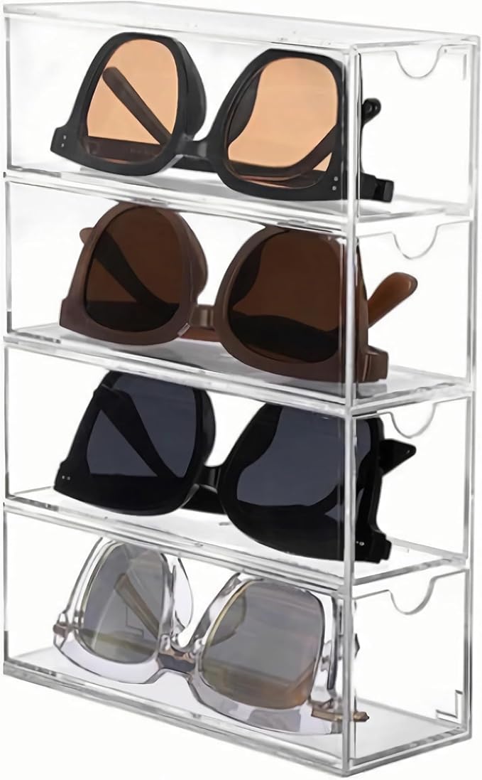 KNC Acrylic Eye Glass Storage Organizer Box with 4 Clear Divided Drawers for Sunglasses Stackable Cosmetic Jewelry Makeup Tabletop Coffee Pod Display Organizer Holder（Clear