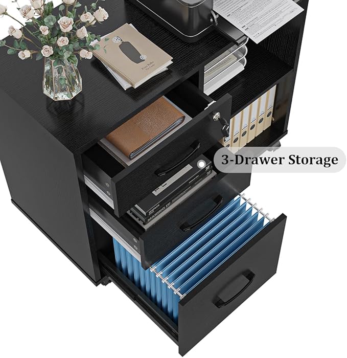 Panana 3 Drawer Office File Cabinets, Mobile Lateral Printer Stand with Open Storage Shelf, Rolling Filing Cabinet with Wheels Home Office Organization and Storage (Black)