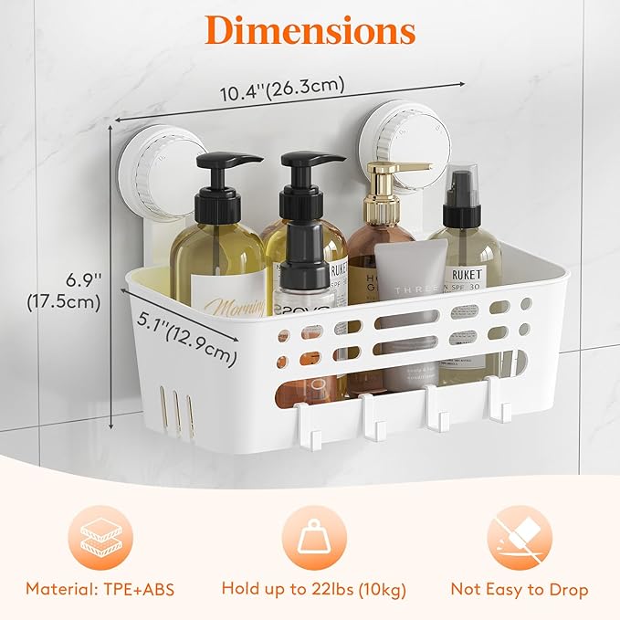 Lifewit Shower Caddy Suction Cup, NO-Drilling Bathroom Organizers and Storage Rack for Inside Shower, Plastic Removable Shower Shelves for Shampoo Strong Vacuum Suction, 26 cm/10 inch Long, 3 Pack
