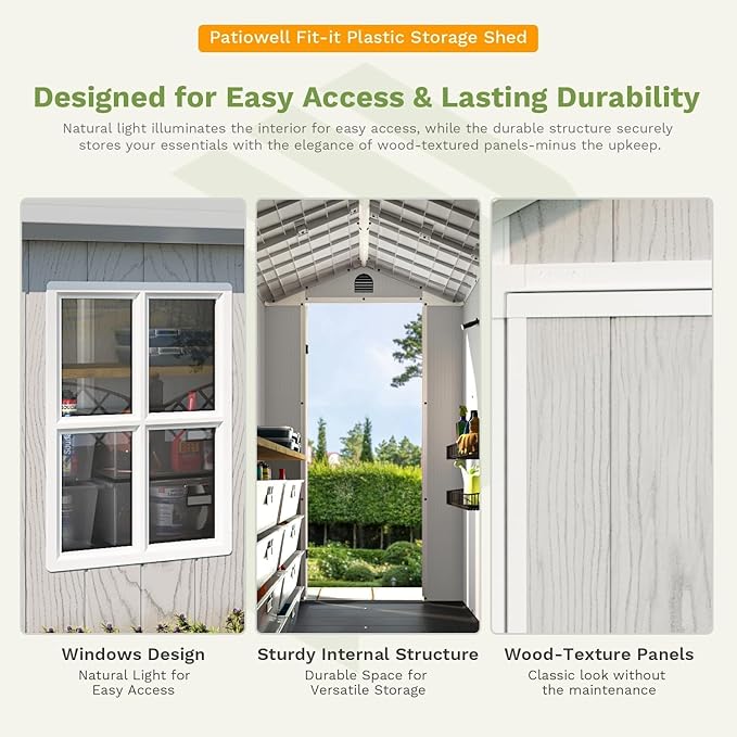 Patiowell 4 x 8 FT Plastic Outdoor Storage Shed with Floor, Garden Tool Resin Storage Shed with Two Windows and Single Lockable Door for Garden, Backyard, Lawn, Easy to Install, Light Grey