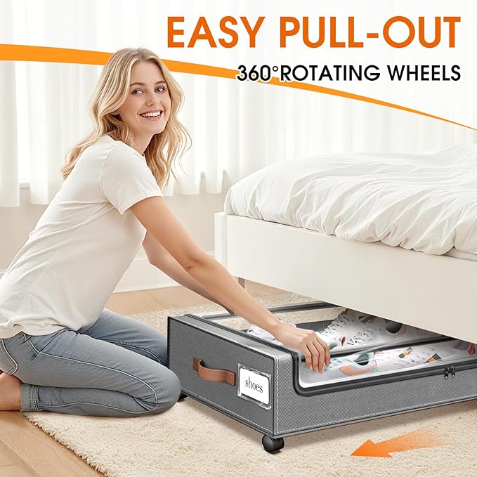 Under Bed Storage with Wheels 1Pack Underbed Storage with Clear Window&Label Under Bed Drawers Large Capacity Rolling Under Bed Storage for Clothes,Shoes, Blankets (Light Grey)
