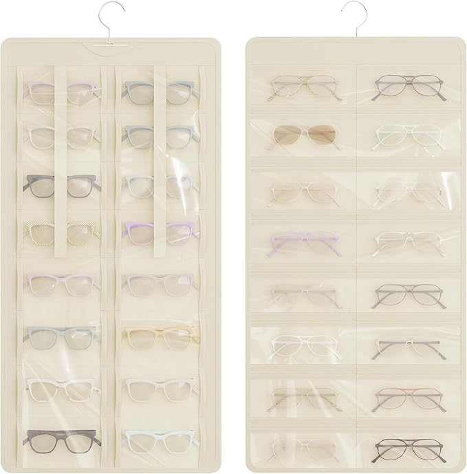 Hanging Sunglasses Organizer and Storage, Dual-Sided Sunglasses Case and Jewelry Holder, Wall-Mounted, 32 Clear Slots, Dust-Proof, Roof Design for Travel, Beige