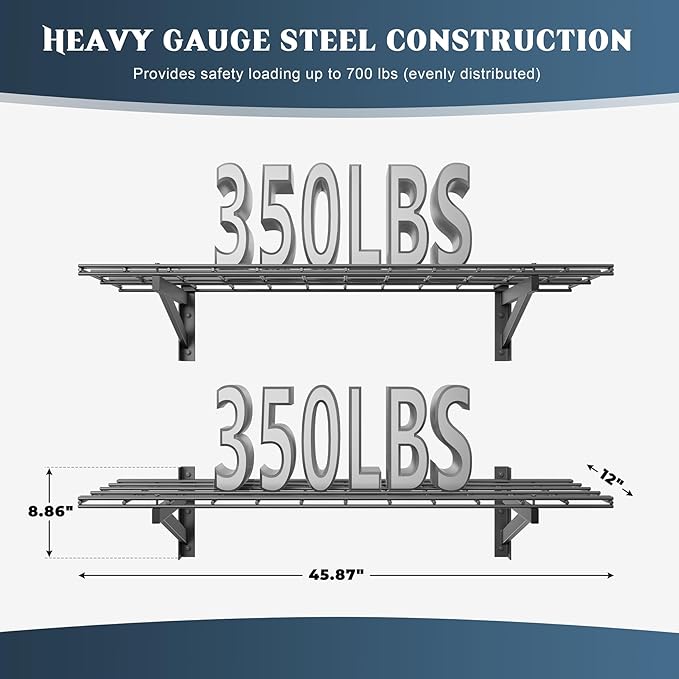 2 Pack Heavy Duty Garage Wall Shelving Set (1x4ft), Wall Mounted Garage Shelves 700lbs Capacity, 12"x48" Shelf Storage Rack Floating Shelves, Black