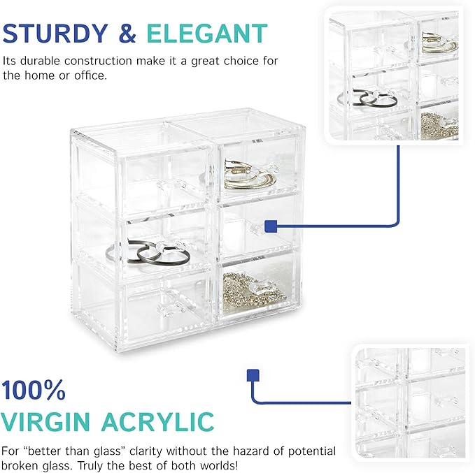 Huang Acrylic Stackable Upright 6-Drawer Jewelry Organizer Crystal Clear Acrylic | Makeup Jewelry Accessories Cosmetic Countertop Storage Display 3.15 x 5.75 x 6.75 inches | Shatter-proof Design